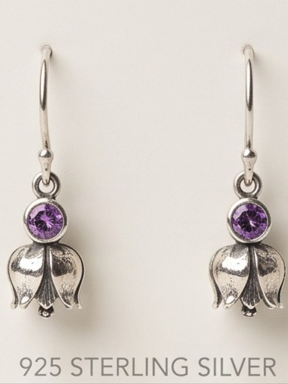 Sterling Silver Bali made Flower And Amethyst  Dangle Earrings - Picture 4 of 8